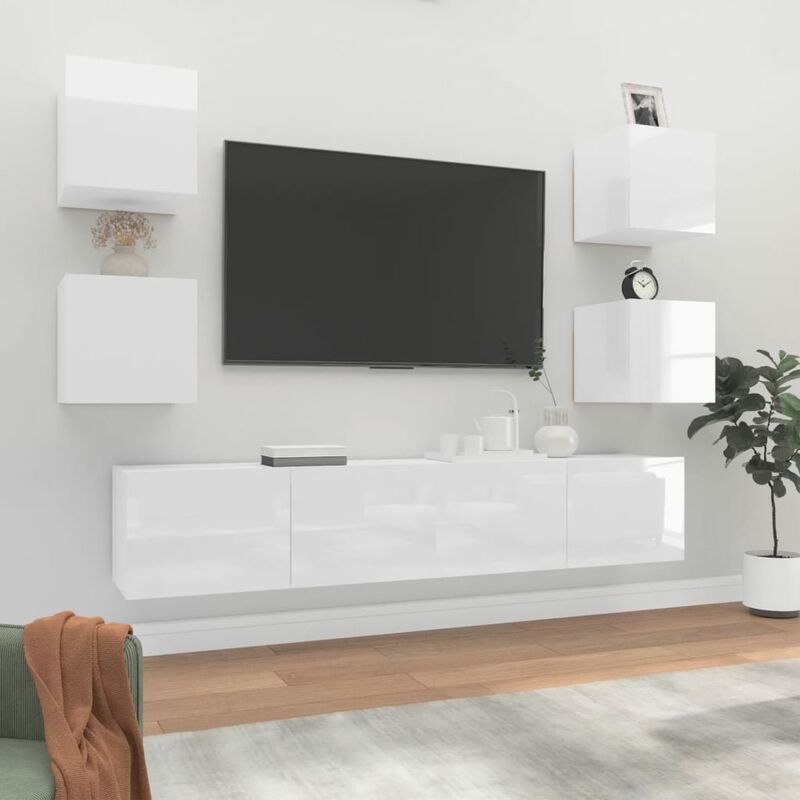 6-tlg. TV-Schrank-Set TV-Lowboard TV-Möbel DE39317 Holzwerkstoff für Hochglanz-Weiß Wohnzimmer