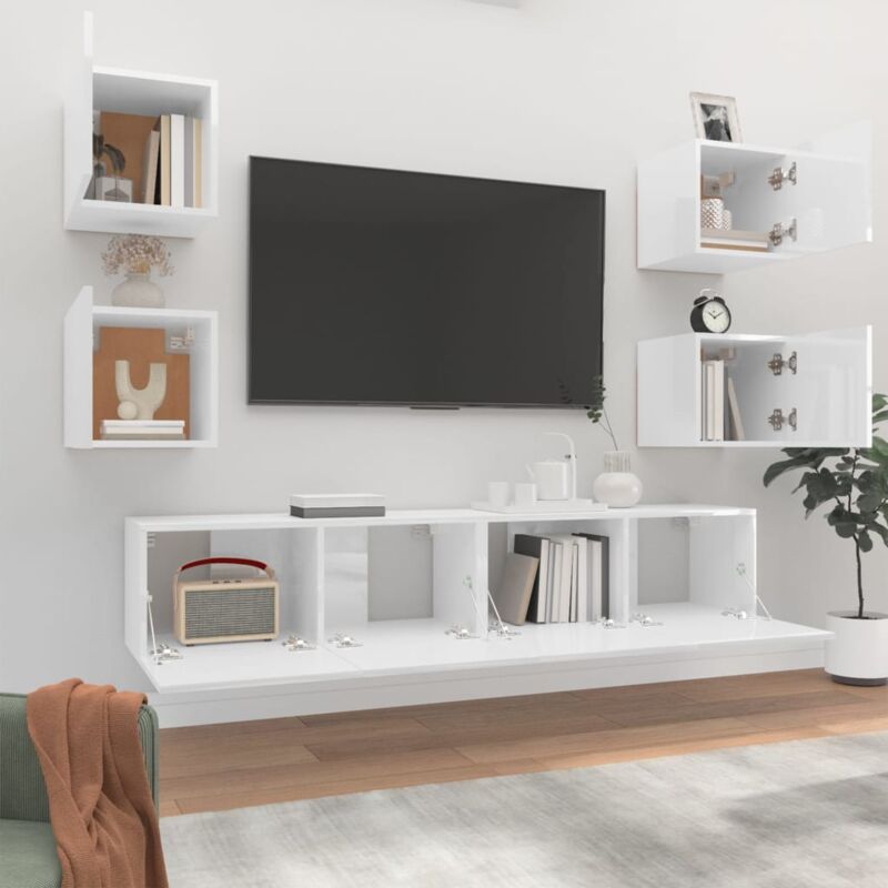 TV-Möbel Holzwerkstoff für 6-tlg. Hochglanz-Weiß Wohnzimmer DE39317 TV-Schrank-Set TV-Lowboard