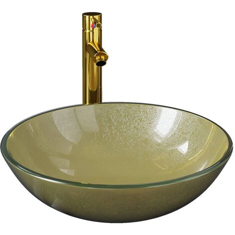 Waschbecken Aus Gehärtetem Glas In Blattform – Mit Wasserfall-Wasserhahn Aus Messing, Ablauf, 590x380x155 Mm, Rot