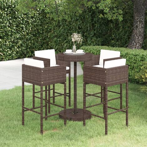 5-tlg. Bartisch Set Gartenmöbel Set Bartisch mit Stühlen mit Kissen Poly  Rattan Braun DE36394