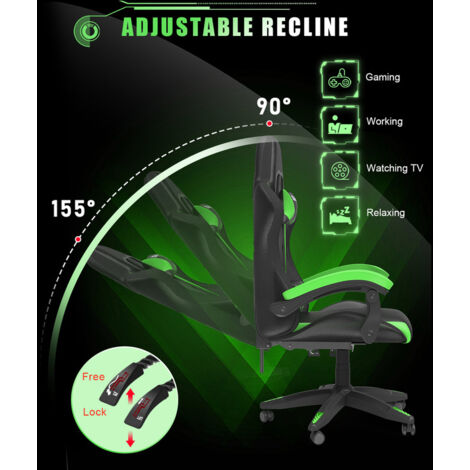 RGB Gaming Chair with LED Lights - BIGZZIA Ergonomic Computer Chair Reclining - PU Leather High Back Game Chair with Headrest - Adjustable Lumbar Support Linkage Armrest - Black and green