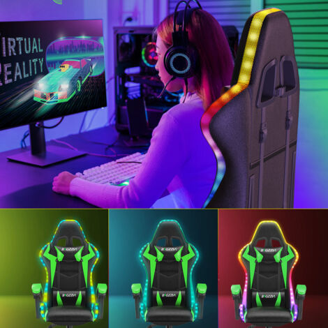 RGB Gaming Chair with LED Lights - BIGZZIA Ergonomic Computer Chair Reclining - PU Leather High Back Game Chair with Headrest - Adjustable Lumbar Support Linkage Armrest - Black and green