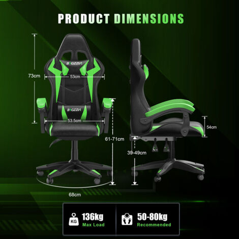 RGB Gaming Chair with LED Lights - BIGZZIA Ergonomic Computer Chair Reclining - PU Leather High Back Game Chair with Headrest - Adjustable Lumbar Support Linkage Armrest - Black and green