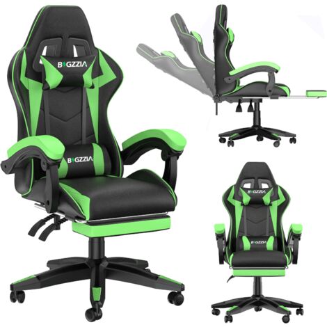 Vedio Gaming Chair with footrest, BIGZZIA Gamer Chairs with Lumbar Cushion + Headrest, black and green