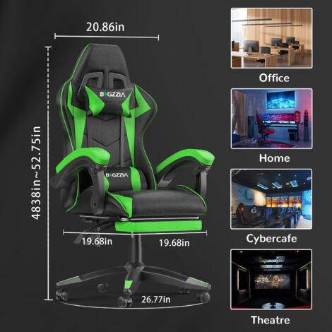Vedio Gaming Chair with footrest, BIGZZIA Gamer Chairs with Lumbar Cushion + Headrest, black and green