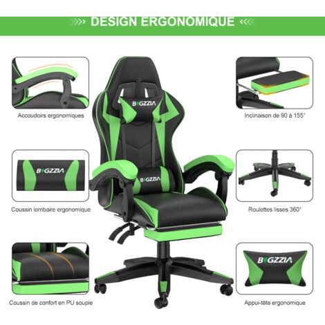 Vedio Gaming Chair with footrest, BIGZZIA Gamer Chairs with Lumbar Cushion + Headrest, black and green