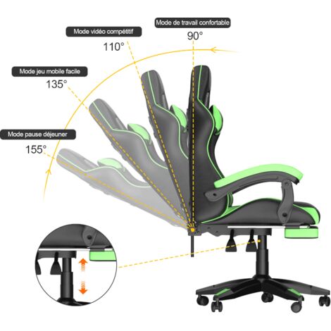 Vedio Gaming Chair with footrest, BIGZZIA Gamer Chairs with Lumbar Cushion + Headrest, black and green