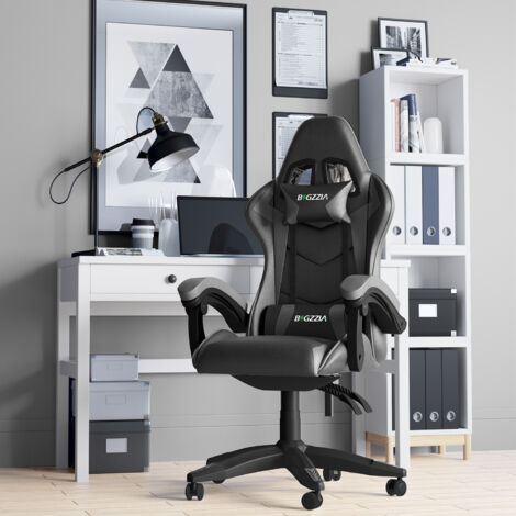 Gaming Chair - Gamer Chairs with Lumbar Cushion + Headrest, Height-Adjustable Office & Computer Chair for Adults, Girls, Boys - Grey