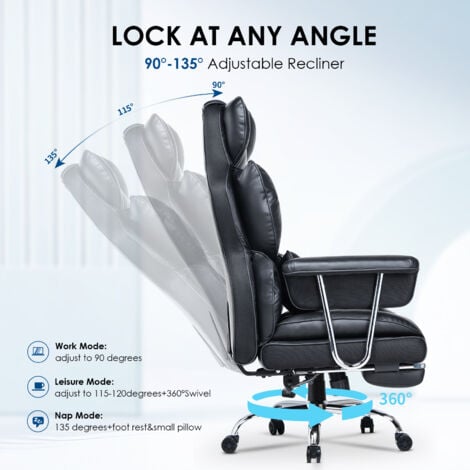 Desk Chair with footrest - bigzzia reclining office chairs 90-135° - PU Leather Ergonomic Office Chair - computer chairs with Lumbar Support - Black