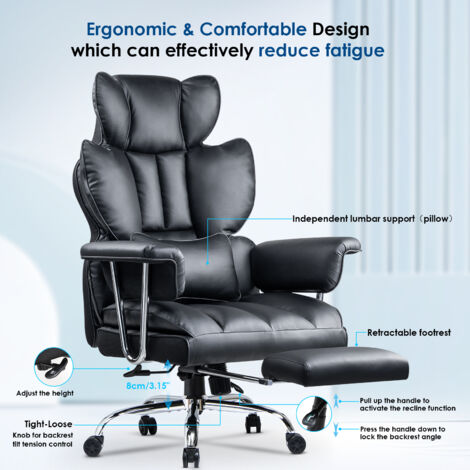 Desk Chair with footrest - bigzzia reclining office chairs 90-135° - PU Leather Ergonomic Office Chair - computer chairs with Lumbar Support - Black