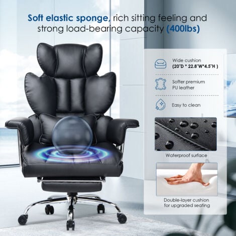 Desk Chair with footrest - bigzzia reclining office chairs 90-135° - PU Leather Ergonomic Office Chair - computer chairs with Lumbar Support - Black