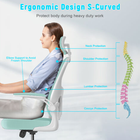 Office Chair - bigzzia Ergonomic Desk Chair with Adjustable Headrest Lumbar Support - Padded Flip-up Armrests - Comfy Mesh Office Desk Chair High Back Task Chair - Swivel Computer Chair - Green