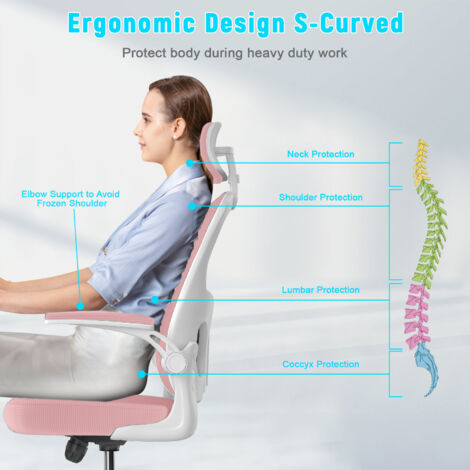 Office Chair - bigzzia Ergonomic Desk Chair with Adjustable Headrest Lumbar Support - Padded Flip-up Armrests - Comfy Mesh Office Desk Chair High Back Task Chair - Swivel Computer Chair - Pink