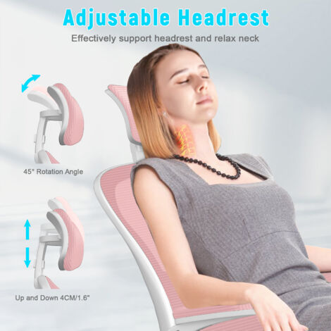Office Chair - bigzzia Ergonomic Desk Chair with Adjustable Headrest Lumbar Support - Padded Flip-up Armrests - Comfy Mesh Office Desk Chair High Back Task Chair - Swivel Computer Chair - Pink
