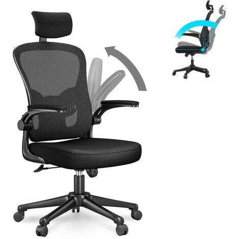 Office Chair - bigzzia Ergonomic Desk Chair with Adjustable Headrest Lumbar Support - Padded Flip-up Armrests - Comfy Mesh Office Desk Chair High Back Task Chair - Swivel Computer Chair - Black (1/5)