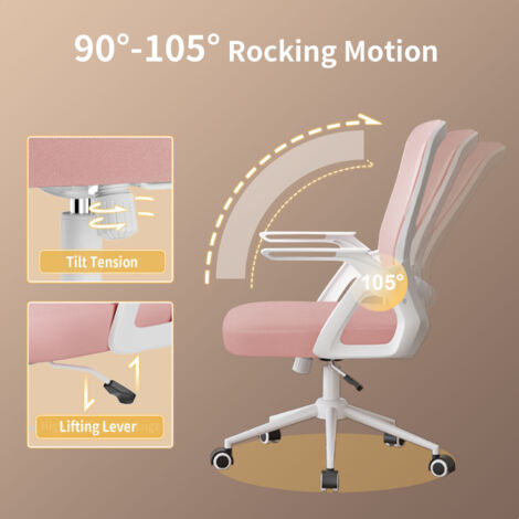 Office Desk Chair Ergonomic with 90° Flip-up Armrest Lumbar Support - bigzzia Computer Chair Height Adjustable - Swivel Office Chair Adjustable Rocking Function 90-105°- Pink