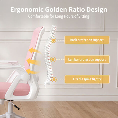Office Desk Chair Ergonomic with 90° Flip-up Armrest Lumbar Support - bigzzia Computer Chair Height Adjustable - Swivel Office Chair Adjustable Rocking Function 90-105°- Pink