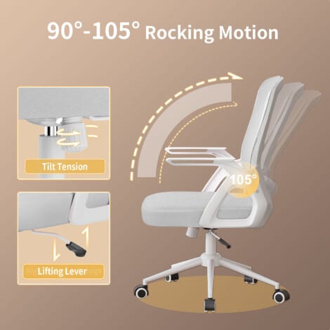Office Desk Chair Ergonomic with 90° Flip-up Armrest Lumbar Support - bigzzia Computer Chair Height Adjustable - Swivel Office Chair Adjustable Rocking Function 90-105°- Grey