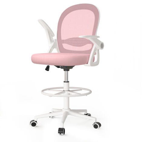 Office Chair Ergonomic, Swivel Painting Chair, Desk Chairs with Footrest Ring, Height Adjustable Computer Chair, Swivel Mesh Chair with 90° Flip-up Armrest & Lumbar Support, Pink