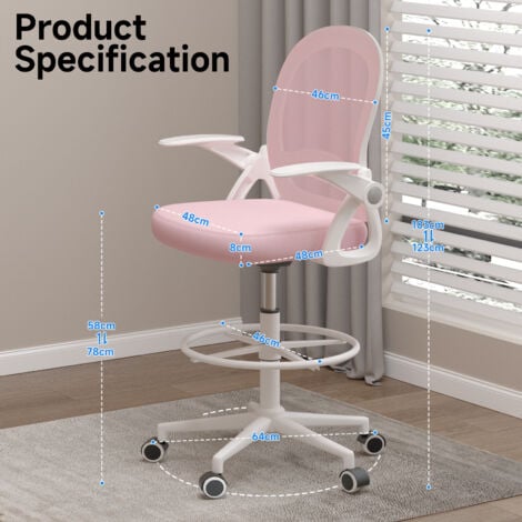 Office Chair Ergonomic, Swivel Painting Chair, Desk Chairs with Footrest Ring, Height Adjustable Computer Chair, Swivel Mesh Chair with 90° Flip-up Armrest & Lumbar Support, Pink