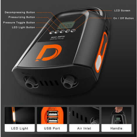 7500mAh Electric Paddle Board Pump - SUP Pump - 20 PSI Rechargeable - Auto-Off Function - Electric Inflator with 6 Nozzles for SUP, Mattress Inflator, Inflatable Pool, Inflatable Pillow
