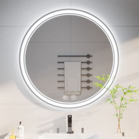 BIGZZIA 60cm Round with LED Lights Circular Bathroom Mirror Illuminated Anti-Fog Backlit Light Up Circle Mirror 3 LED Color Change Demister IP44 Dimmable (1/5)