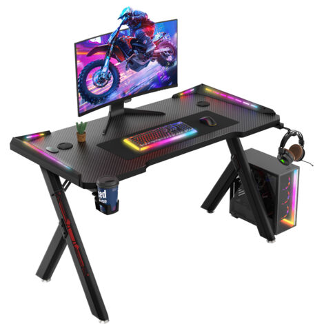 BIGZZIA Gaming Desk RGB Lighting Ergonomic Gamer Workstation, Carbon Fibre Surface, Cup Holder and Headphone Hook, 120x60x72cm (1/5)