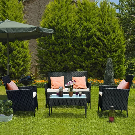 Rattan Garden Furniture Set, 4 Piece Patio Bigzzia Rattan furniture Sofa Sets Weaving Wicker includes 2 Armchairs,1 Double seat Sofa and 1 table