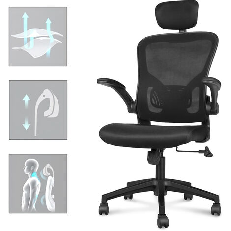 Office Chair with Back Support, Bigzzia High Back Ergonomic Computer Chair with 90° Flip-Up Armrest, Adjustable Headrest, Swivel Mesh Chair for Home and Office Use