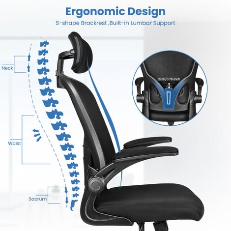 Office Chair with Back Support, Bigzzia High Back Ergonomic Computer Chair with 90° Flip-Up Armrest, Adjustable Headrest, Swivel Mesh Chair for Home and Office Use