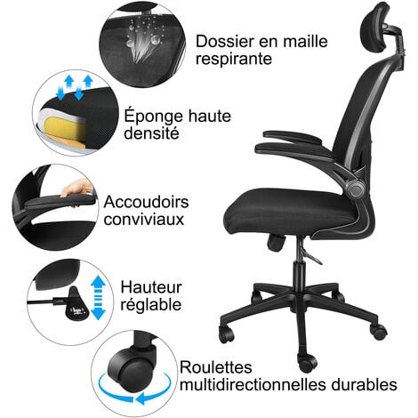 Office Chair with Back Support, Bigzzia High Back Ergonomic Computer Chair with 90° Flip-Up Armrest, Adjustable Headrest, Swivel Mesh Chair for Home and Office Use