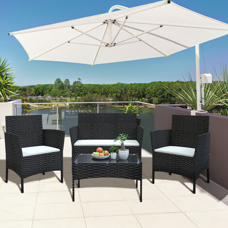 4 PCS Garden Furniture set - Bigzzia Rattan Outdoor Table Chair Sofa sets With Tempered Glass Table - Black (1/5)