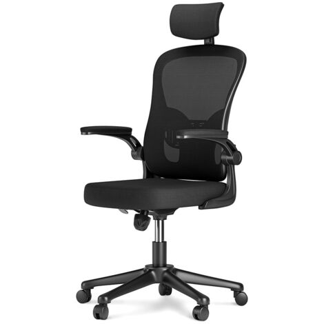 Office Chair with Back Support, Bigzzia High Back Ergonomic Computer Chair with 90° Flip-Up Armrest, Adjustable Headrest, Swivel Mesh Chair for Home and Office Use