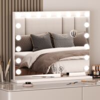 BIGZZIA - LED Makeup Mirror with Hollywood Light, Smart Makeup Mirror, 10x Magnifying Glass, Touch Control, 3 Dimmable Colors, 15 White Bulbs, 58cm x 46cm