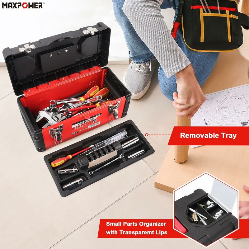 Tool Box Metal 14 inch, MAXPOWER Small Tool Box Hand Tools Storage Box with  Removable Tray