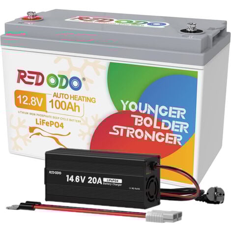 Batterie Lithium 12V100Ah Rechargeable LiFePO4, Auto-Chauffage +14,6V20A Chargeur de batterie LiFePO4 12V Redodo