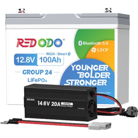 Batterie au Lithium 12V100Ah Groupe 24 rechargeable LiFePO4(Bluetooth+protection d'arrêt à basse température)+14,6V20A Chargeur de batterie LiFePO4 pour batterie lithium 12V Redodo
