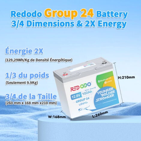 Batterie au Lithium 12V100Ah Groupe 24 rechargeable LiFePO4(Bluetooth+protection d'arrêt à basse température)+14,6V20A Chargeur de batterie LiFePO4 pour batterie lithium 12V Redodo