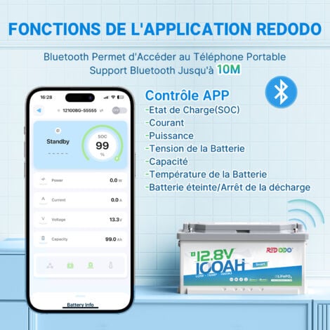 Redodo 12V100Ah Bluetooth Sous-siège Batterie Lithium H188 mm+14,6V20A Chargeur de batterie LiFePO4 12V