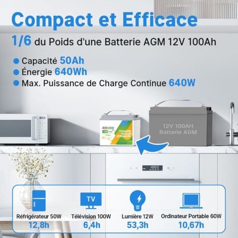 Batterie au Lithium 12V 50Ah Portable rechargeable LiFePO4 +14,6V10A Chargeur de batterie LiFePO4 pour batterie lithium 12V Redodo