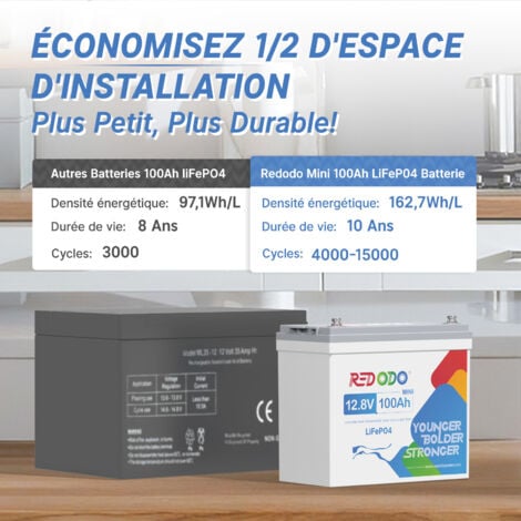 Batterie Lithium LiFePO4 12V 100Ah MINI, Pour les boîtiers de taille Groupe 24+14,6V20A Chargeur de batterie LiFePO4 pour batterie lithium 12V Redodo