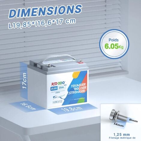 Redodo Batterie au Lithium 24V25Ah rechargeable LiFePO4, BMS 50A, Taux de Décharge 2C, 1280W, pour d'électricité pour les Outils électriques, Fauteuils roulants électriques, Scooters de mobilité