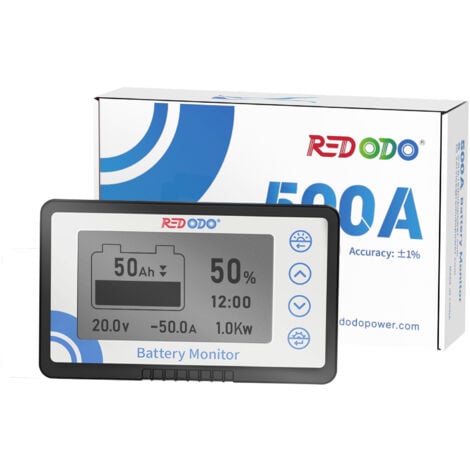 Redodo 500A Moniteur de Batterie  avec shunt Alarme programmable 8V-120V Plage de Tension, Affichage LCD 20ft Fil blindé Compatible avec 12V Lithium, LiFePO4, Gel, batteries submergées