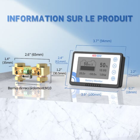 Redodo 500A Moniteur de Batterie  avec shunt Alarme programmable 8V-120V Plage de Tension, Affichage LCD 20ft Fil blindé Compatible avec 12V Lithium, LiFePO4, Gel, batteries submergées