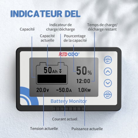 Redodo 500A Moniteur de Batterie  avec shunt Alarme programmable 8V-120V Plage de Tension, Affichage LCD 20ft Fil blindé Compatible avec 12V Lithium, LiFePO4, Gel, batteries submergées