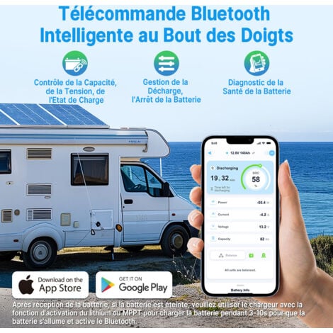 [JAMAIS UTILISÉ]Redodo 12V140Ah Bluetooth Batterie Lithium Sous-siège, hauteur 188mm LiFePO4, 150A BMS, protection d'arrêt à basse température pour camping-car,caravane, système solaire, bateaux