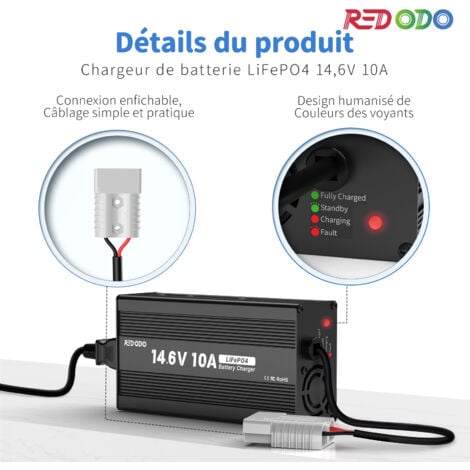 [JAMAIS UTILISÉ]Redodo Chargeur de batterie LiFePO4 14,6V 10A adapté aux batteries LiFePO4 12V,Supporte une charge rapide et une grande efficacité de charge,Conçu pour charger les batteries LiFePO4 à 