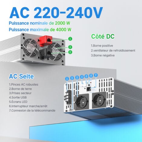 Redodo 2000W Onduleur sinusoïdal pur, convertisseur de tension 12V DC à 220V-240V AC, 2 sorties AC, écran LCD, pour système d'énergie solaire hors réseau, RV, appareils ménagers