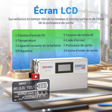 Redodo 2000W Onduleur sinusoïdal pur, convertisseur de tension 12V DC à 220V-240V AC, 2 sorties AC, écran LCD, pour système d'énergie solaire hors réseau, RV, appareils ménagers