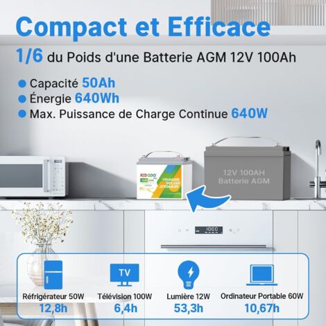 Redodo Batterie au Lithium 12V 50Ah Portable rechargeable LiFePO4, BMS protégées, 4000-8000+ cycles, durée de vie de 10 ans, pour systèmes solaires, bateaux, kits de panneaux solaires, caravanes